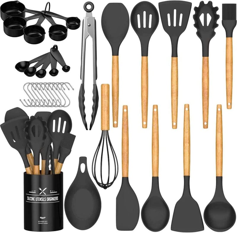Umite Chef Kitchen Cooking Utensils Set, 33 pcs Non-Stick Silicone Cooking Kitchen Spatula Set with Holder, Wooden Handle Silicone Kitchen Gadgets Utensil Set (Black) - Image 1